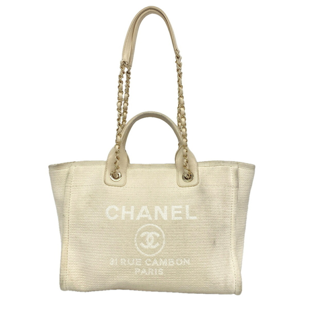 Chanel Deauville Canvas Chain Tote Bag (White/Champagne) - 2-way bag for women.